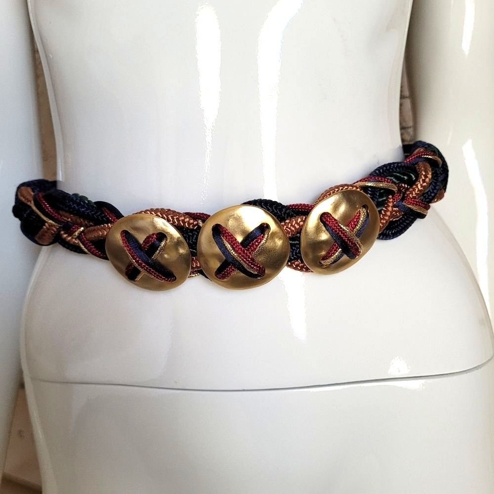 Vintage 80's navy maroon green gold braid woven belt three circle gold accents M